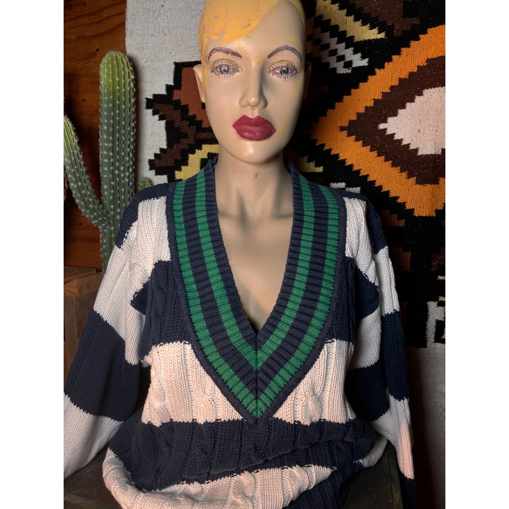 Lizsport Cable Knit Sweater Womens S Navy Cream Excellent Striped V-Neck Cotton